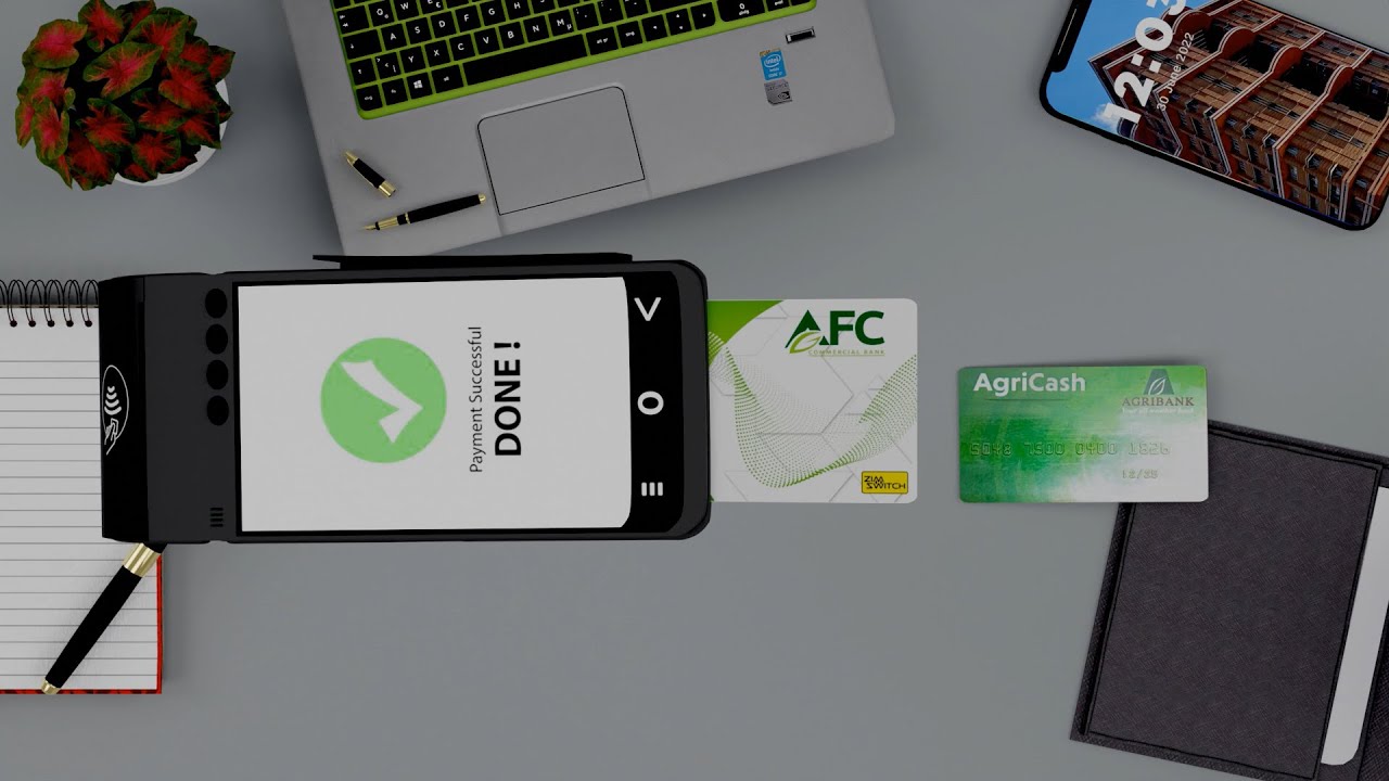 : 3D animation thumbnail for AFC Commercial Bank announcement. Features a friendly, professionally dressed male character in a blue suit holding a smartphone, standing in a modern office with "AFC Commercial Bank" branding in the background.