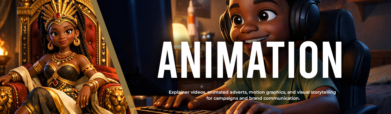 nimation services banner for Kakic Business featuring a 3D royal character and a young boy at a computer. Text reads: "Animation: Explainer videos, animated adverts, motion graphics, and visual storytelling."