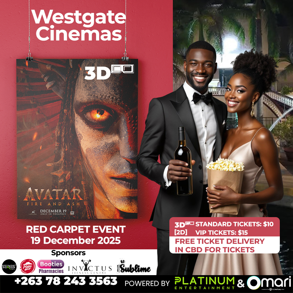 Graphic design example by Kakic Business: Red carpet event flyer for Westgate Cinemas featuring "Avatar: Fire and Ash." Includes a couple in formal wear, event date December 19, 2025, ticket pricing, and a row of corporate sponsor logos at the bottom.