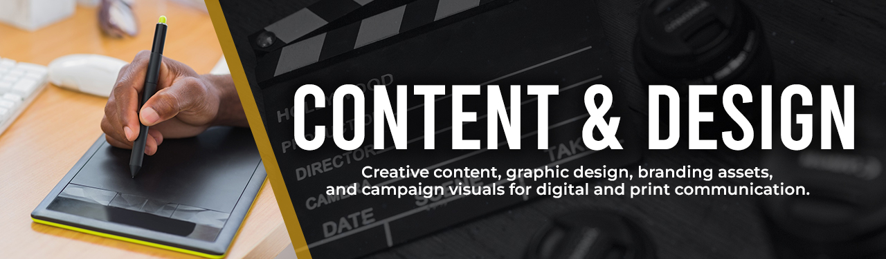 Content & Design service banner for Kakic Business showing a designer using a graphics tablet next to a film clapperboard. Text highlights creative content, graphic design, branding assets, and campaign visuals.