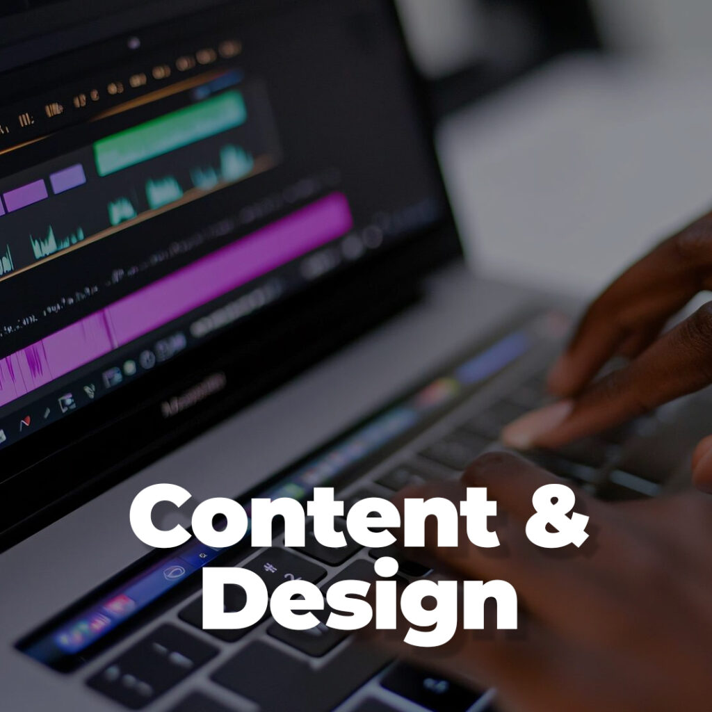 Content & Design services button showing a person editing video on a laptop.