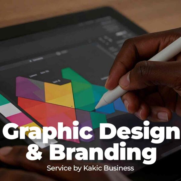 Graphic Design & Branding service button for Kakic Business. Close-up of a designer's hand using a stylus on a digital tablet to create a colorful, geometric brand identity.