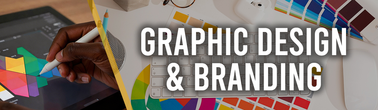 Graphic Design & Branding banner for Kakic Business. Features a person's hand using a stylus to create colorful geometric art on a digital tablet. The design workspace includes a wireless keyboard, color swatch charts, and a geometric color wheel, representing bespoke brand identity