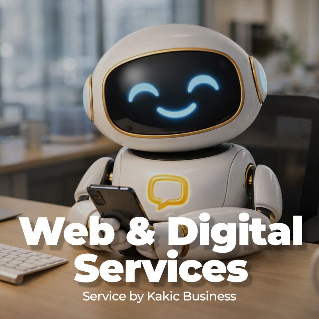 Web & Digital Services by Kakic Business: A cute, smiling white robot sitting at a desk holding a smartphone.