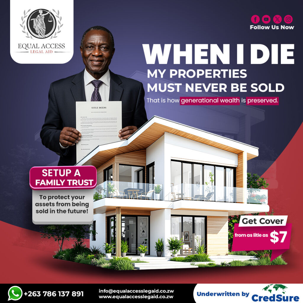 Graphic design example by Kakic Business: A legal aid flyer for Equal Access titled "When I Die My Properties Must Never Be Sold." Features a man in a suit holding title deeds next to a modern house, with a call to action to "Setup a Family Trust."