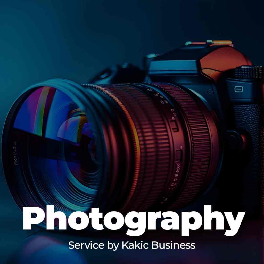 Photography service button for Kakic Business. A high-impact close-up of a professional camera lens featuring vibrant blue and magenta neon light reflections, representing high-quality digital imaging and creative photography.