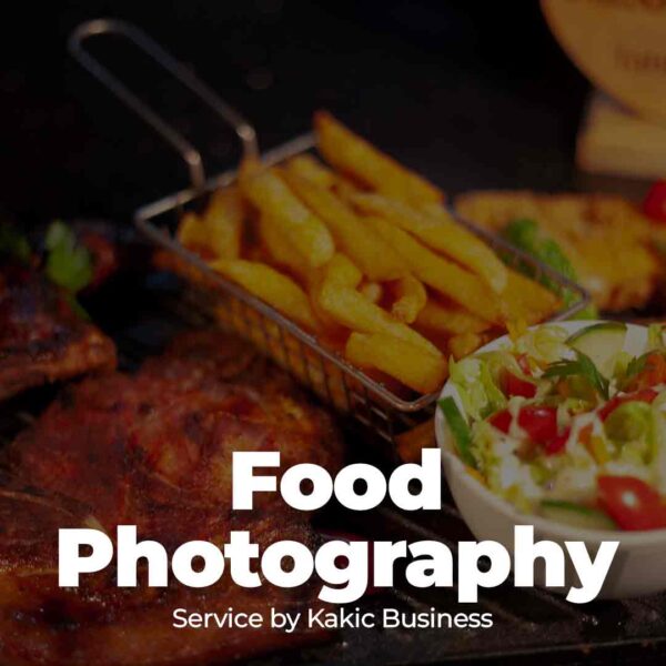 Food Photography service button for Kakic Business. Features a high-quality close-up of a gourmet meal with crispy golden fries, grilled meat, and a fresh garden salad, representing professional restaurant and culinary marketing photography.