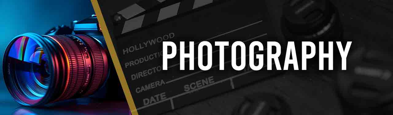 Professional Photography service banner for Kakic Business. Features a high-end DSLR camera lens with vibrant blue and magenta neon reflections next to a cinematic production clapperboard, representing premium commercial and creative photography services.