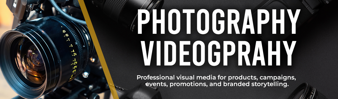 Photography and Videography service banner for Kakic Business featuring professional cinema camera lenses. Text lists creative content, graphic design, branding assets, and campaign visuals.