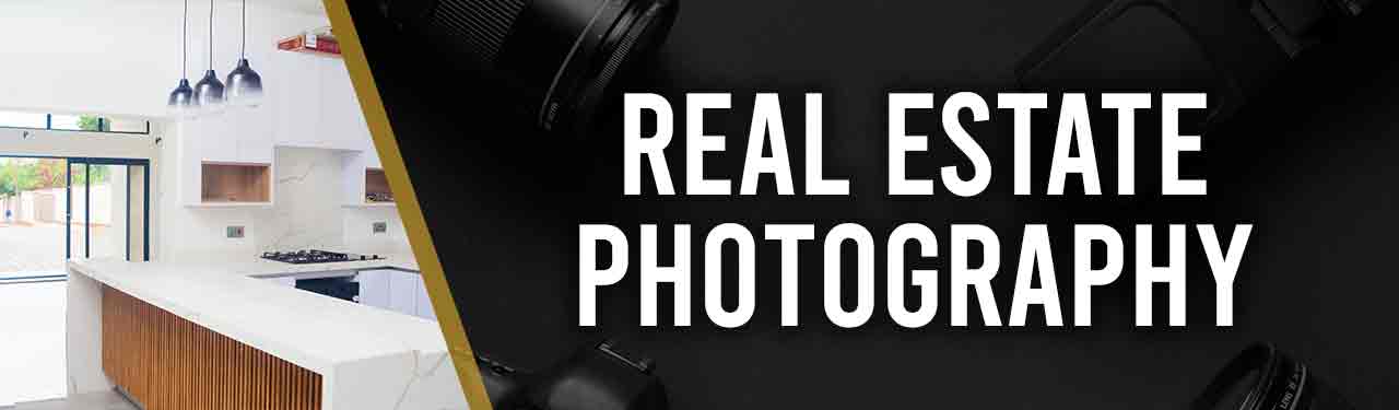 Real Estate Photography page banner for Kakic Business. Features a split design with a bright, modern luxury kitchen interior on the left and a professional camera lens setup on the right, representing expert architectural imaging.