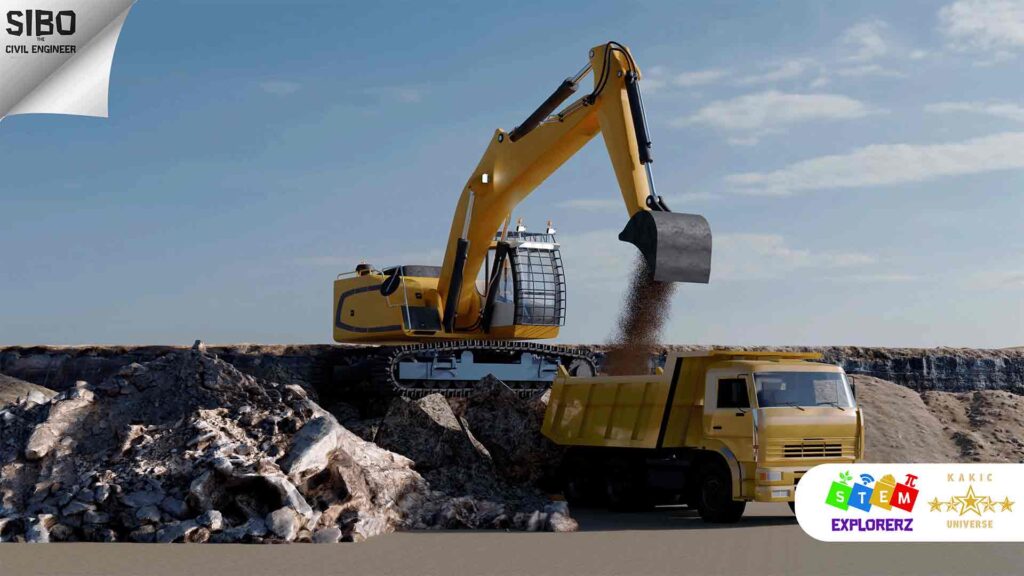 3D animation still from the "Sibo the Civil Engineer" series featuring a yellow excavator loading dirt into a dump truck at a construction site. Includes STEM Explorerz and Kakic Universe logos in the bottom right corner.