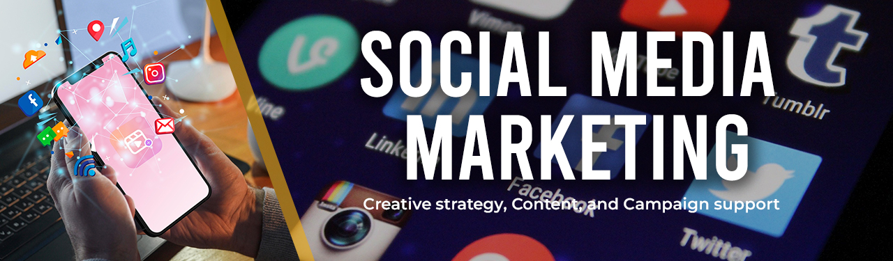 Social media marketing banner for Kakic Business featuring a person holding a smartphone with glowing digital engagement icons. The background displays a dark-themed collage of Facebook, LinkedIn, Twitter, and YouTube logos, emphasizing creative strategy and campaign support.