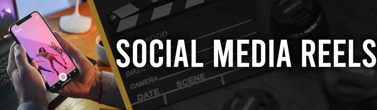 Social Media Reels service banner for Kakic Business. Features a first-person view of a smartphone displaying a high-energy vertical video with 3D floating like and heart icons, representing viral content creation and social media engagement.