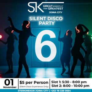 Graphic design portfolio example: A silent disco party flyer for Ster-Kinekor Joina City. Features silhouettes of people dancing with glowing orange headphones against a teal and green neon-lit background, with a large number 6 and event time slots.