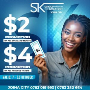 Graphic design portfolio example: A Ster-Kinekor promotional flyer for Joina City. Features a smiling woman holding a movie ticket against a blue textured background with bold "$2" and "$4" promotion text for standard and prestige tickets.
