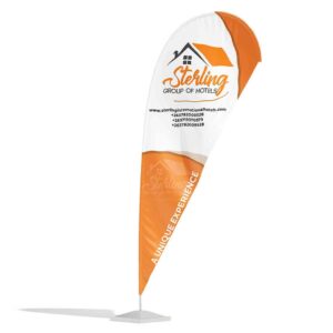 Outdoor branding solution featuring a Sterling Group tear-drop flag banner. Designed by Kakic Business for high visibility at outdoor events, featuring weather-resistant printing and bold brand colors.