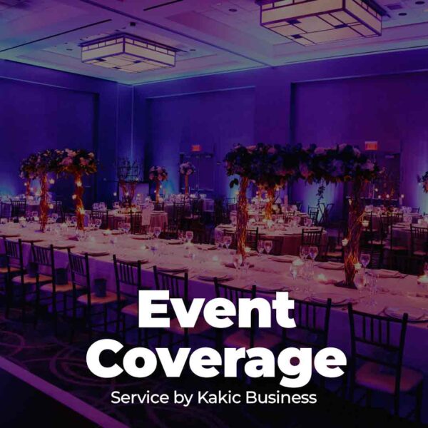 Event Coverage service button for Kakic Business. Features a wide shot of an elegantly decorated, purple-lit banquet hall with formal dinner seating, representing professional corporate and private event filming.