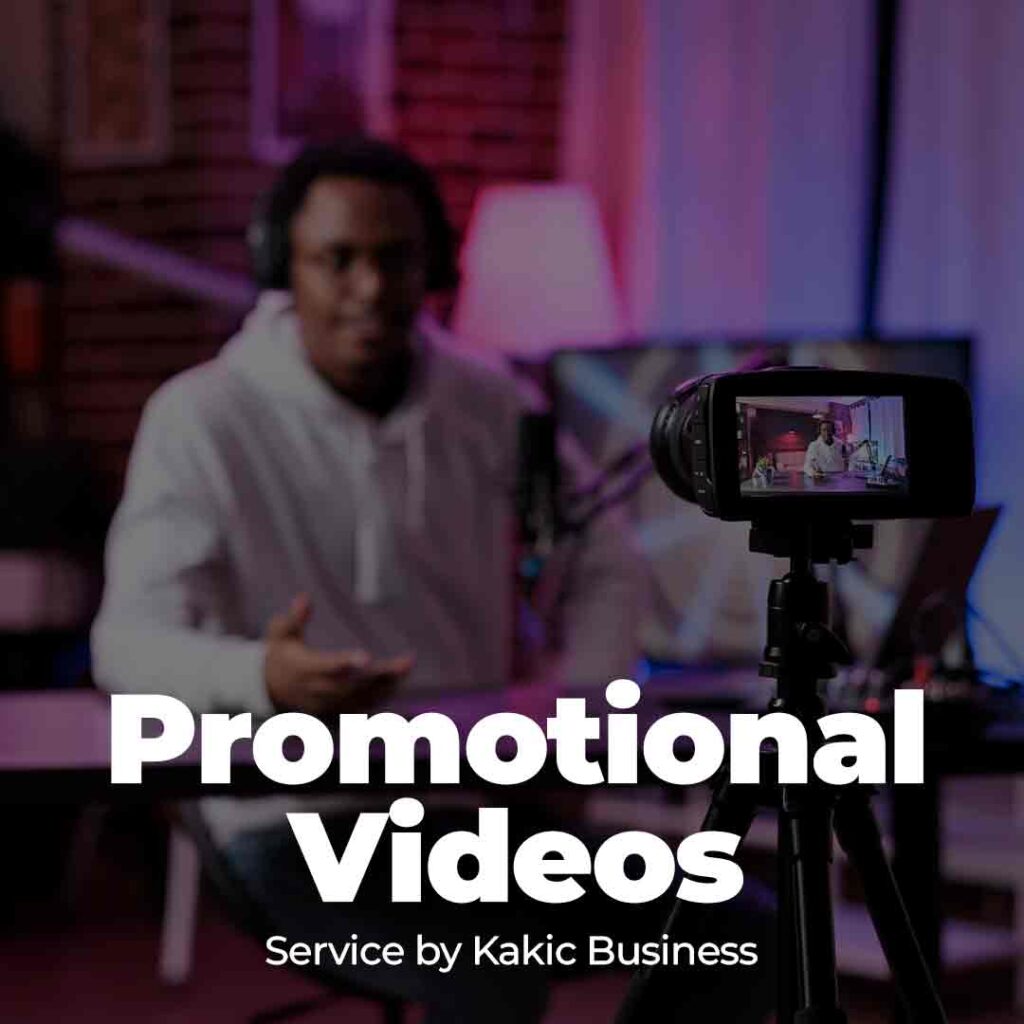 Promotional Videos service button for Kakic Business. Close-up of a professional camera monitor filming a creator in a studio setting with cinematic lighting, representing high-quality corporate and brand video production.