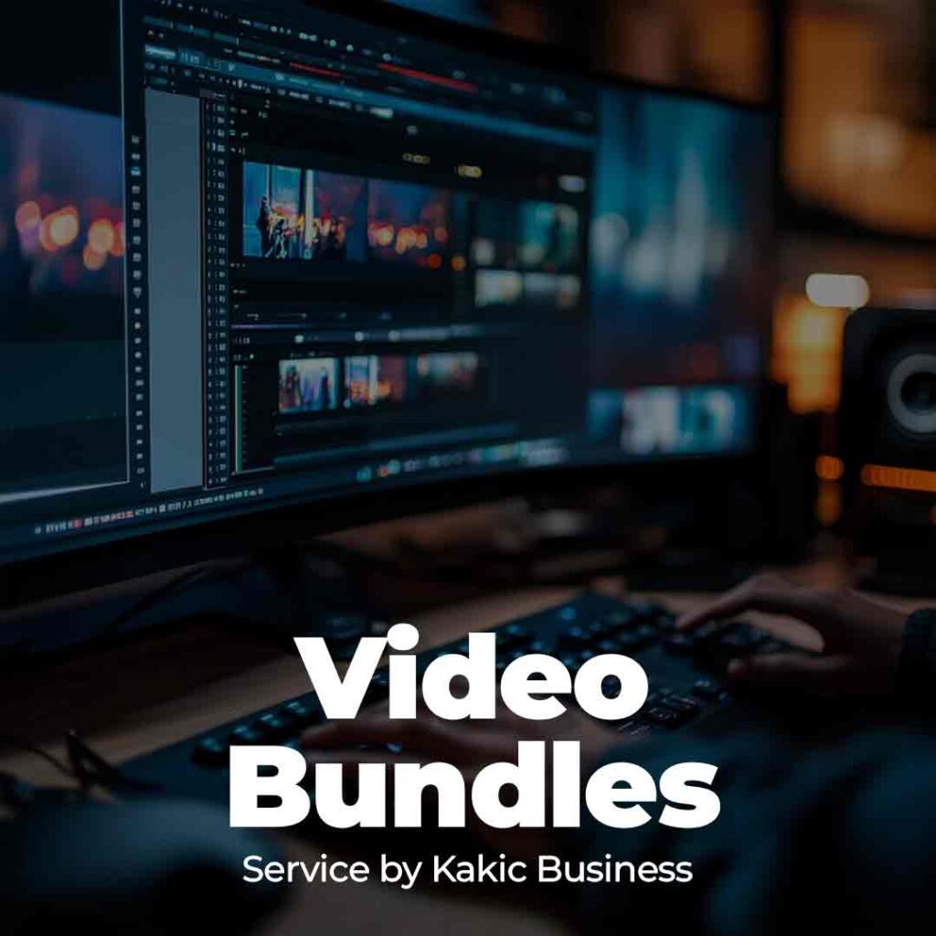 Video Bundles service button for Kakic Business. Features a professional post-production workspace with a wide-screen monitor showing multi-track video editing software and color grading timelines, representing comprehensive content packages.