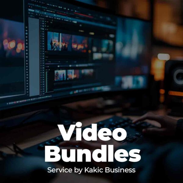 Video Bundles service button for Kakic Business. Features a professional post-production workspace with a wide-screen monitor showing multi-track video editing software and color grading timelines, representing comprehensive content packages.