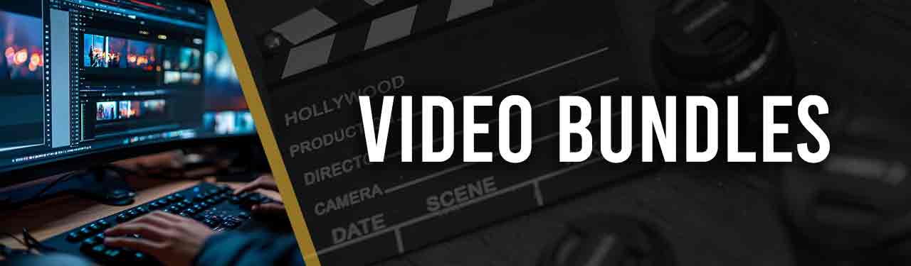 Video Bundles banner for Kakic Business. Features a professional post-production editing suite with a wide-screen monitor showing multi-track video timelines, representing comprehensive content packages and expert video editing services.