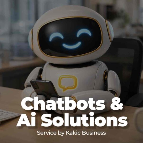 Chatbots & AI Solutions service button for Kakic Business. Features a friendly, 3D animated white robot with a smiling digital face holding a smartphone, representing automated customer service and intelligent AI integrations.