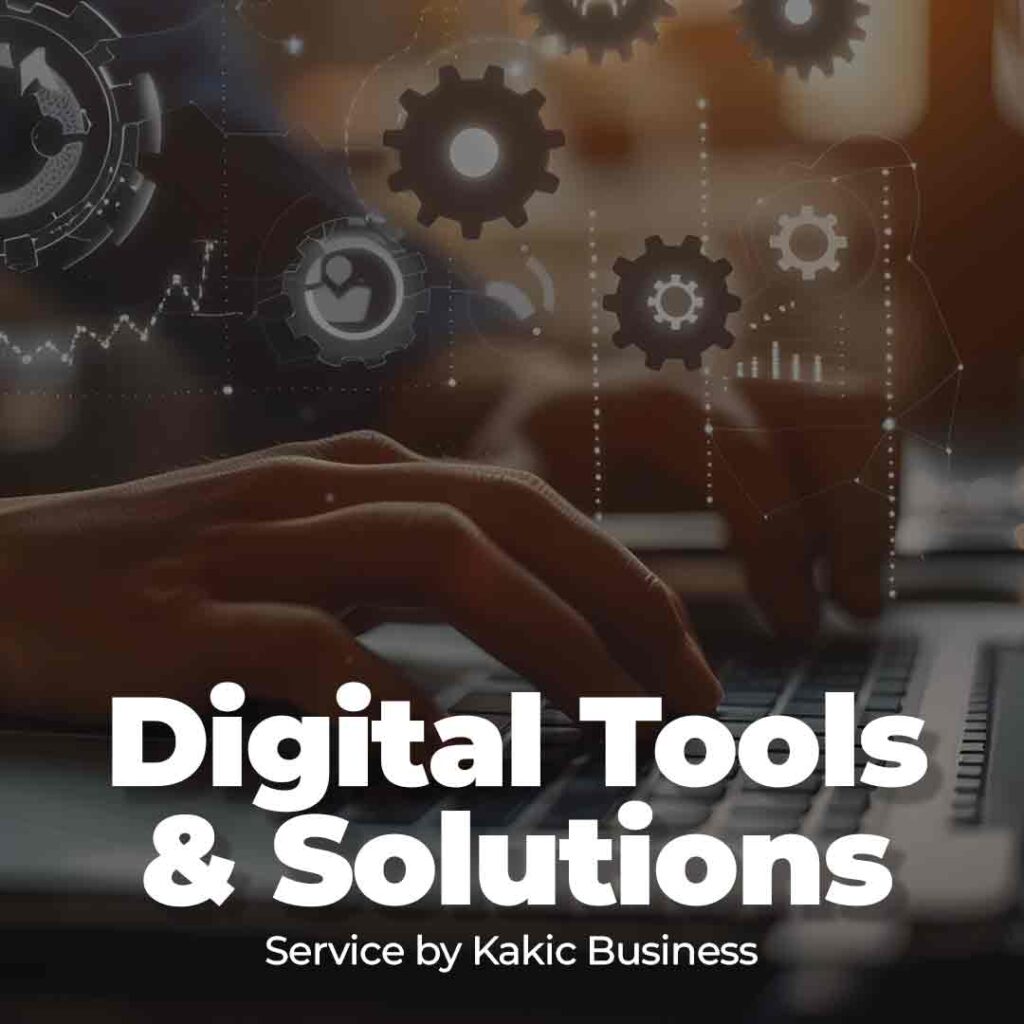 Digital Tools service button for Kakic Business. Features a person's hand interacting with a glowing gear icon on a digital tablet, representing business automation, custom software tools, and digital system optimization.