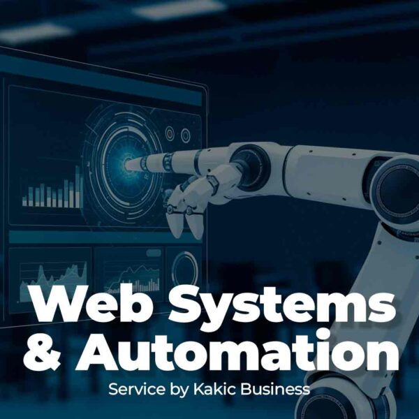 Web Systems & Automation service button for Kakic Business. Features a white robotic arm interacting with a high-tech digital dashboard and data charts on a screen, representing advanced business automation and smart web systems.