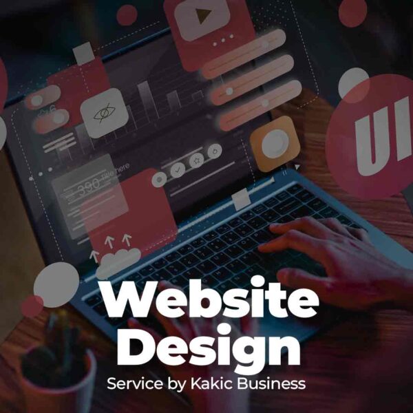 Website Design service button for Kakic Business. Features a person's hands on a laptop keyboard with floating red and white UI (User Interface) icons, data graphs, and web development elements representing modern, responsive site design.