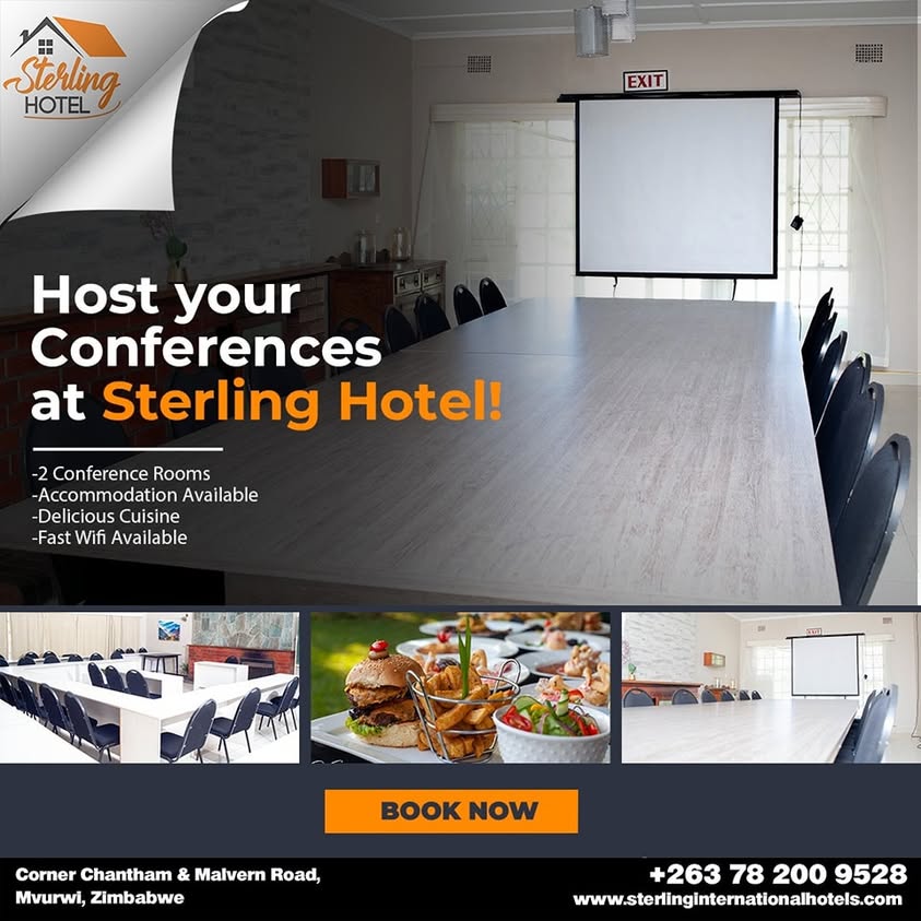 Graphic design portfolio example: A professional conference flyer for Sterling Hotel in Mvurwi. Features a large conference room with a projector screen, food photography of a gourmet burger, and a "Book Now" call to action.