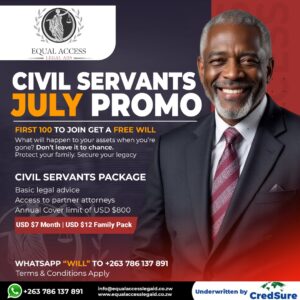 Graphic design portfolio example: Civil Servants July Promo flyer for Equal Access Legal Aid. Features a smiling mature professional in a suit, offering a "Free Will" for the first 100 members. Includes pricing for individual and family legal packages.