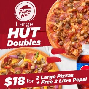 Graphic design portfolio example: A Pizza Hut "Large Hut Doubles" promotional flyer. Features two large pizzas with various toppings, a 2-liter Pepsi bottle, and prominent "$18" pricing on a red and white branded background.