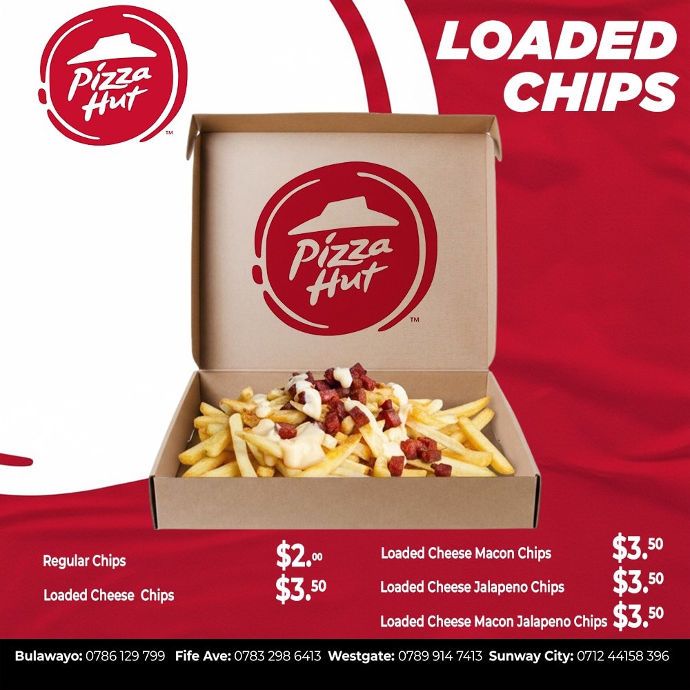 Graphic design portfolio example: A Pizza Hut marketing flyer for Loaded Chips. Features a professional product photo of fries in a branded box, clean menu pricing, and contact details for multiple locations including Bulawayo and Westgate.