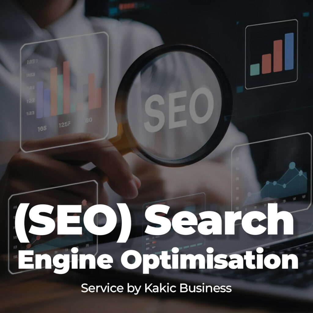 Search Engine Optimisation (SEO) service button for Kakic Business. Features a professional magnifying glass focusing on "SEO" text with background data charts and a laptop, representing digital marketing and search ranking services.