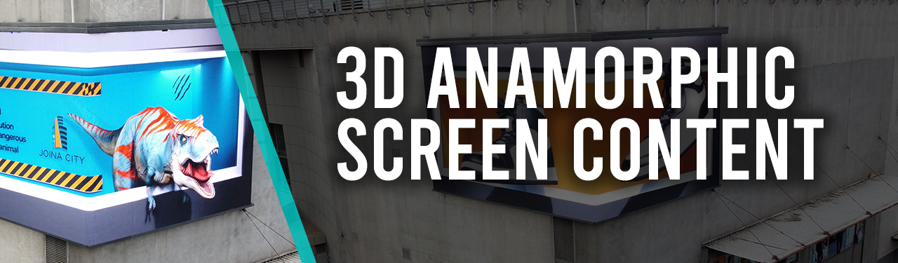 Professional banner for 3D Anamorphic Screen Content by Kakic Business. Featuring the famous dinosaur 3D billboard activation at Joina City, showcasing cutting-edge forced perspective animation and large-format digital out-of-home (DOOH) advertising.