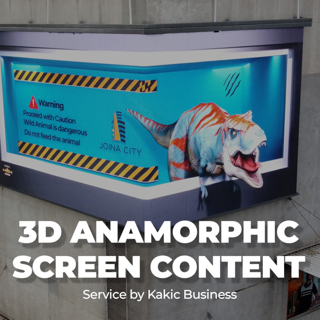 Professional banner for 3D Anamorphic Screen Content by Kakic Business. Featuring the famous dinosaur 3D billboard activation at Joina City, showcasing cutting-edge forced perspective animation and large-format digital out-of-home (DOOH) advertising.