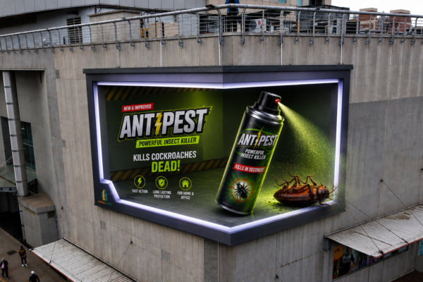 3D anamorphic digital billboard advertisement for Antipest insect killer at Joina City. Designed by Kakic Business, featuring a 3D aerosol can spraying an insect that appears to fall out of the screen using forced perspective animation