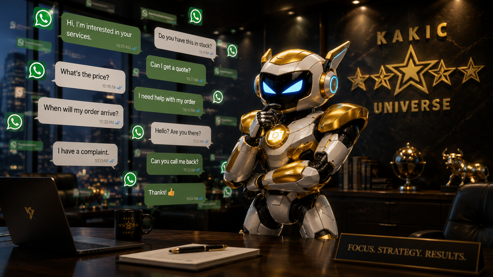 Nova Bot, ZWIBOT Chatbot offered by Kakic Universe and CN Technologies, responding to multiple whatsapp chats