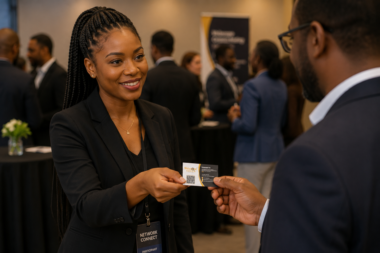 A professional businesswoman handing a Webscope Zw QR code business card to a colleague at a corporate networking event. Designed by Kakic Universe to demonstrate smart business stationery in real-world B2B networking environments.