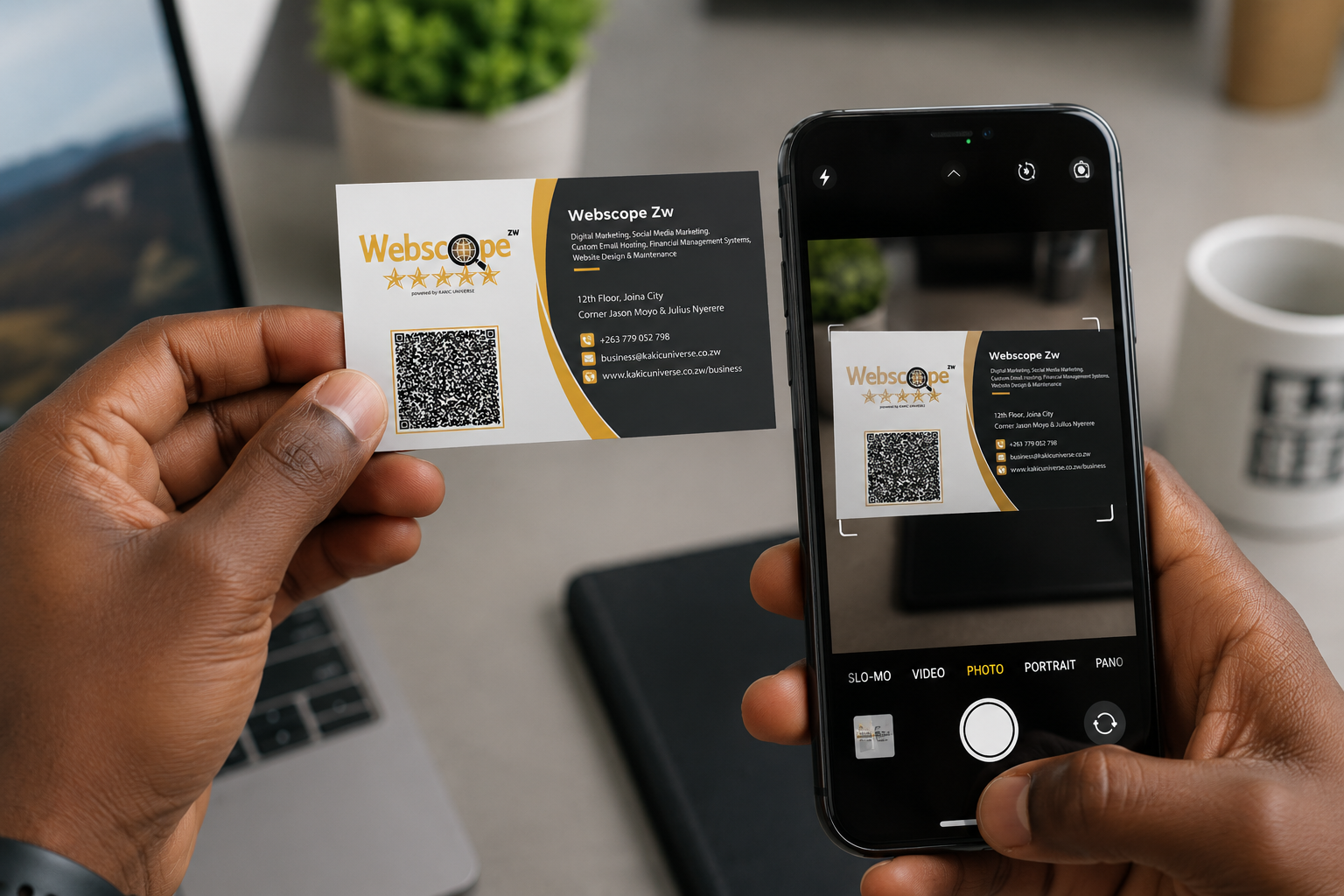 Premium matte black QR code business cards designed by Kakic Universe. Displayed on a clean desk next to a keyboard, highlighting custom smart business stationery with integrated scan codes for modern corporate networking